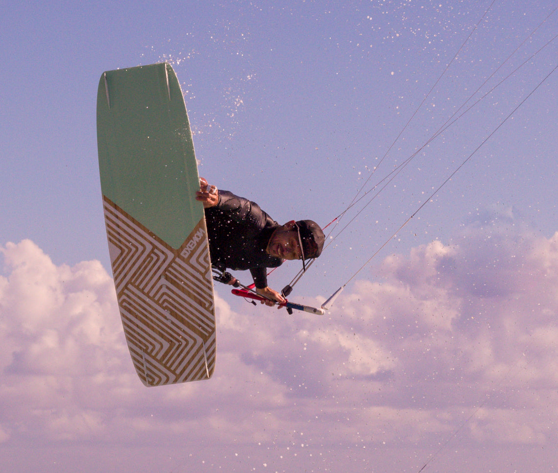 Action picture of the Xenon Boards Hop 2024 twintip kiteboard board.